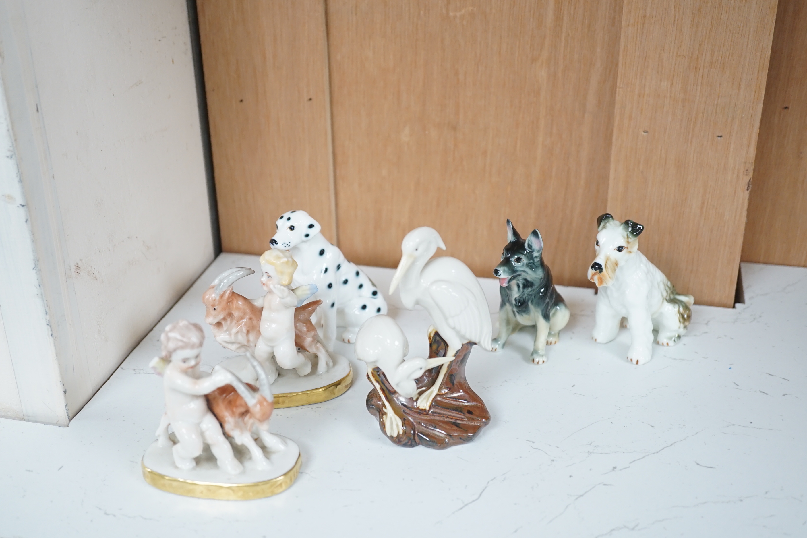 A 19th century Staffordshire zebra and mixed animals and putti ceramics, tallest putti vase 13.5cm - Image 3 of 6