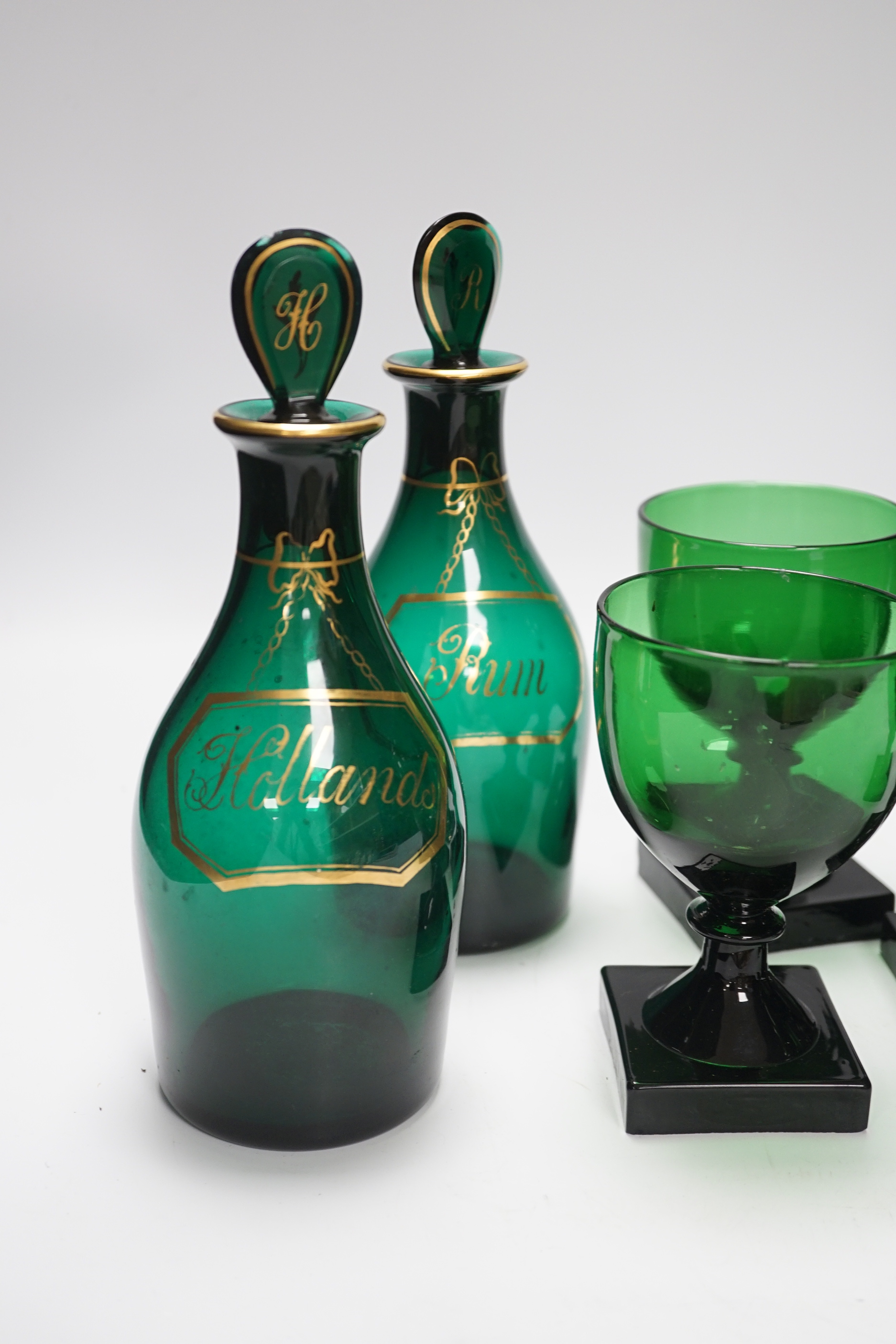 A pair of small Bristol green decanters, Rum and Hollands, c.1800 and five 19th century green - Image 4 of 7