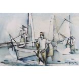 Seah Kim Joo (Singaporean b.1939) watercolour, Figures and sailing boats, signed and dated '62, 56 x