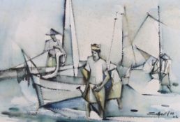 Seah Kim Joo (Singaporean b.1939) watercolour, Figures and sailing boats, signed and dated '62, 56 x