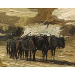 Impressionist oil on board, Yaks in landscape, indistinctly signed and dated ‘64, 86 x 66.5cm