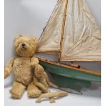 A pond yacht, an English mohair teddy bear and monkey, pond yacht 65cm wide