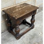 A rectangular 17th century style joint stool, width 53cm, height 48cm, together with a pair of