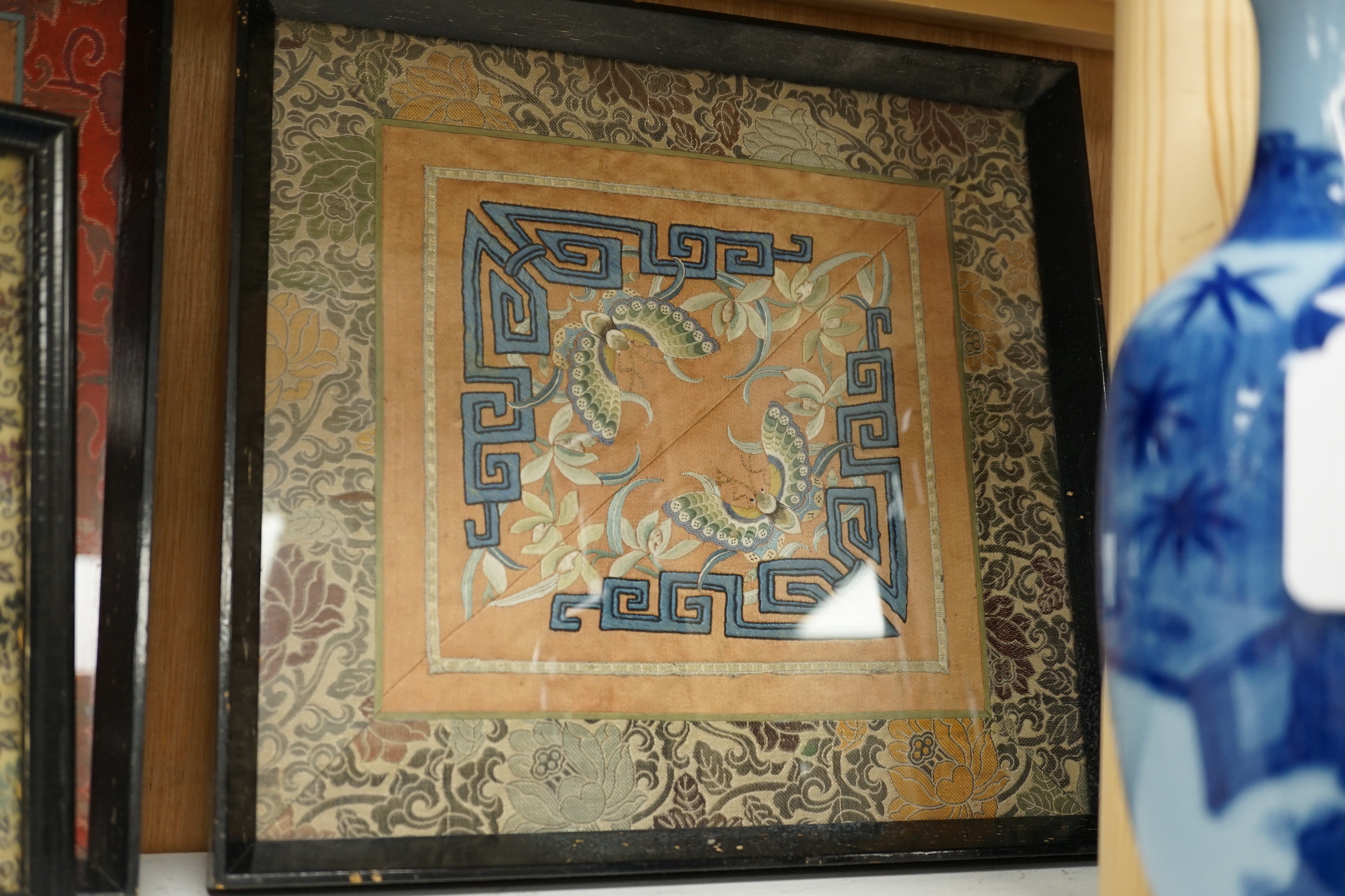 Three framed Chinese silk embroidered panels including a Beijing knot embroidered panel, two with - Image 2 of 6