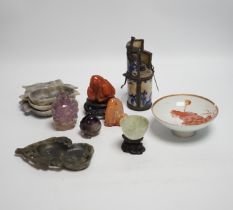 Two Chinese carved amethyst quartz scent bottles, two similar chalcedony snuff bottles, soapstone