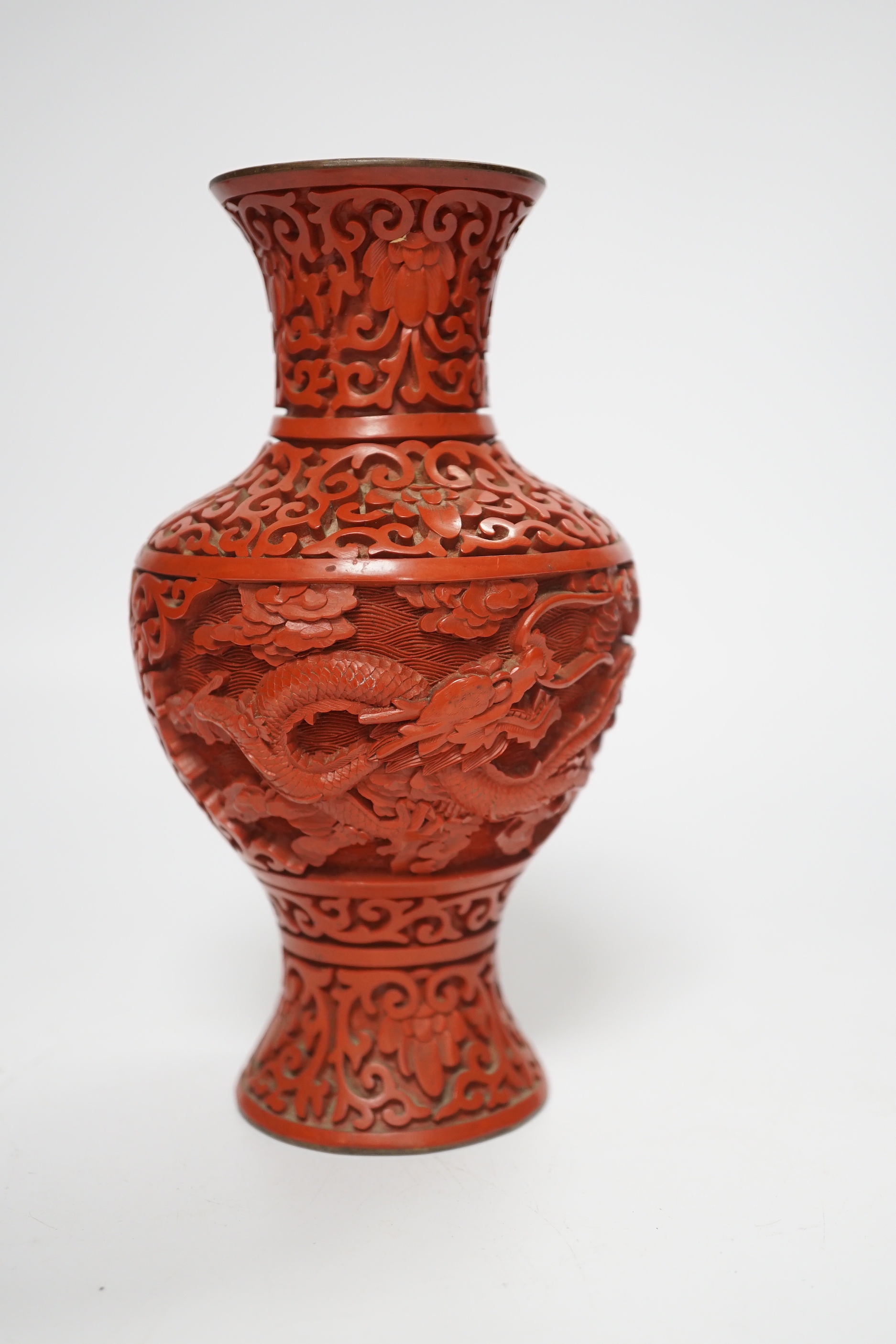 Three Chinese cinnabar lacquer items, a vase, an ashtray and a lidded box, vase 16.5cm - Image 10 of 10