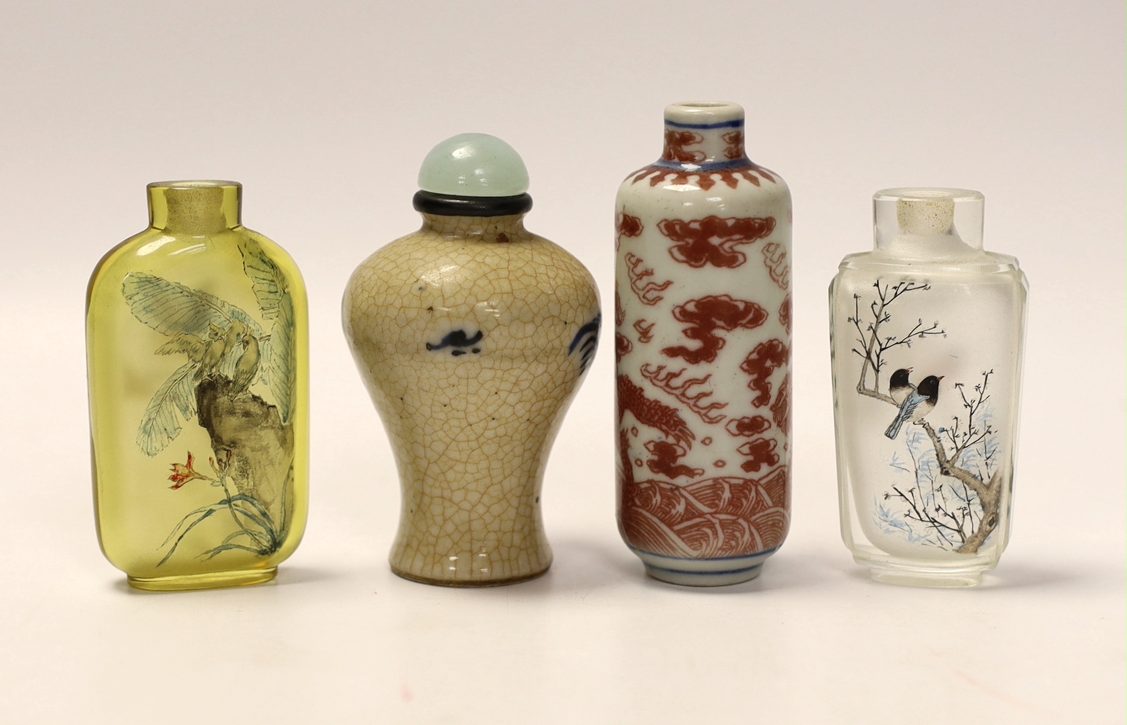 A Chinese crackle glaze snuff bottle, two inside painted glass snuff bottles and an underglaze - Image 2 of 4