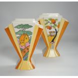 Two modern copies of Clarice Cliff Sunray vases; Caravan and Orange Roof Cottage, 21cm