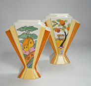Two modern copies of Clarice Cliff Sunray vases; Caravan and Orange Roof Cottage, 21cm
