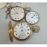 A Waltham gold plated hunter pocket watch and two fob watches, one silver.