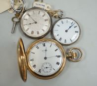 A Waltham gold plated hunter pocket watch and two fob watches, one silver.