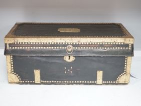 A 19th century leather and brass bound trunk with Avery Ltd applied brass plaque; 'Borough of