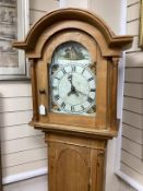A 19th century pine thirty hour longcase clock with painted arched dial, height 191cm