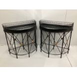 A pair of contemporary wrought iron and wirework 'D' shaped console tables with mirrored tray