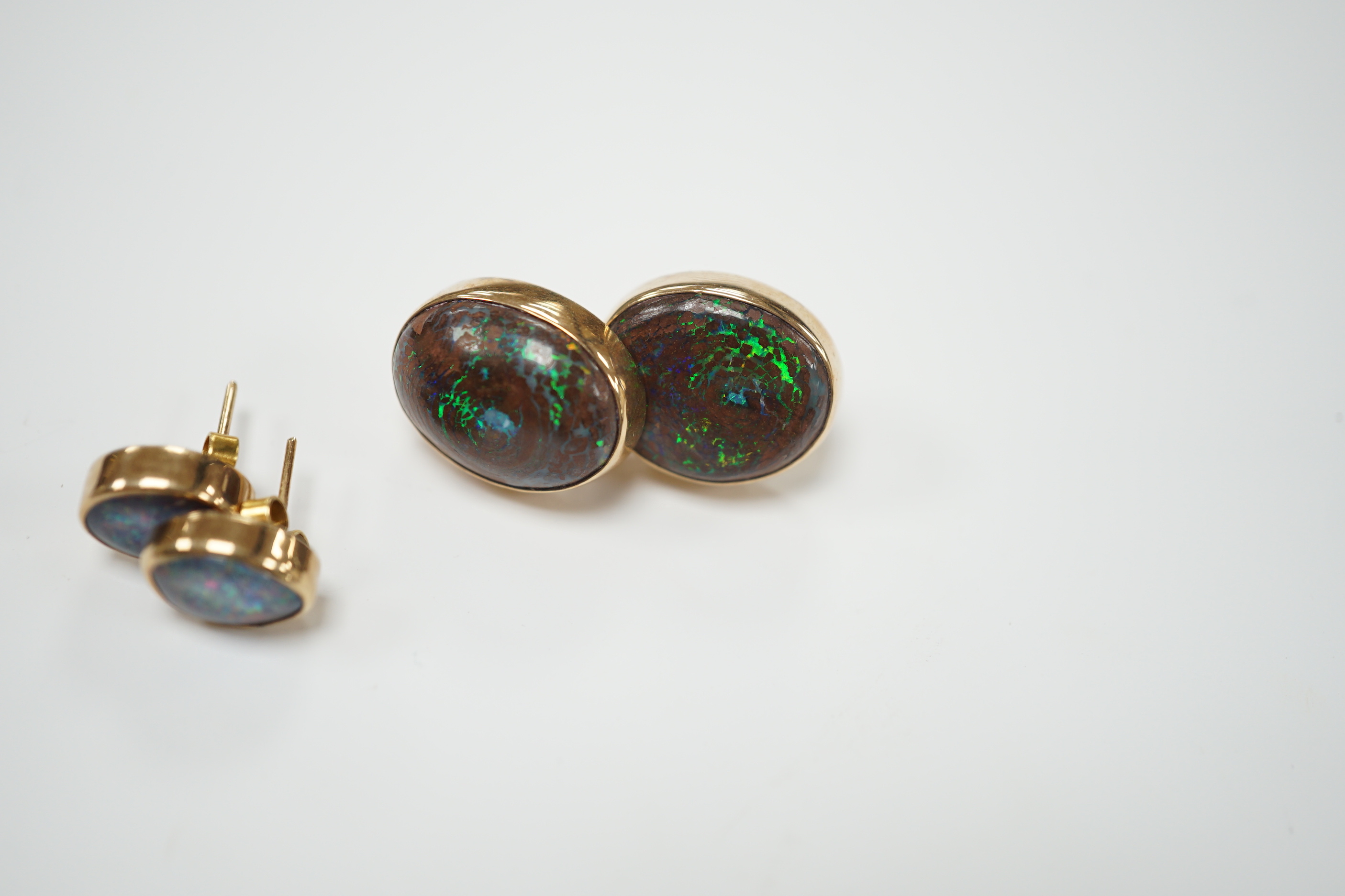 Two pairs of yellow metal and oval opal doublet set earrings, the smaller stamped 9ct, largest 17mm, - Image 2 of 5