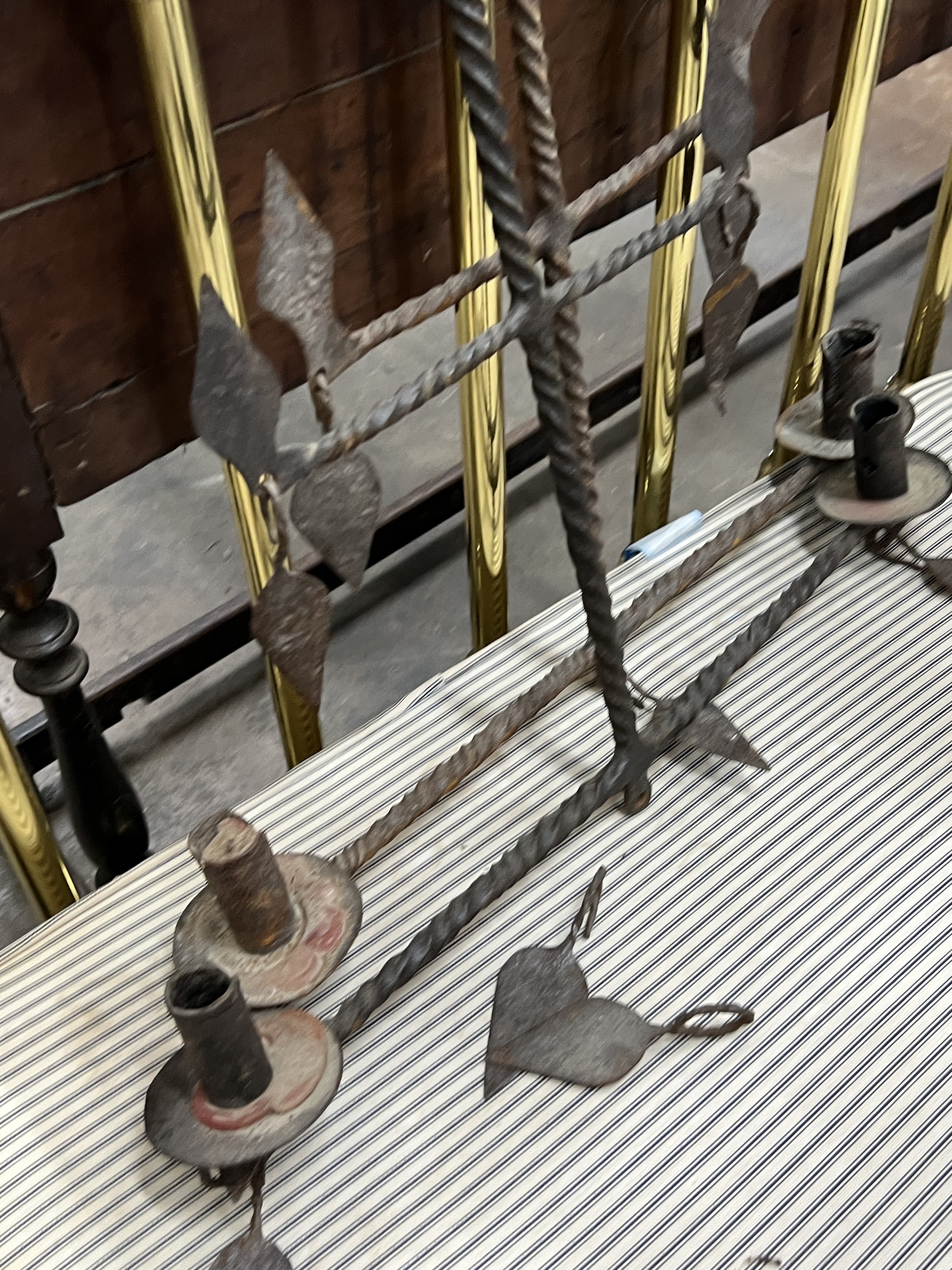 A pair of wrought iron hanging candle holders, width 64cm, height 82cm - Image 3 of 3