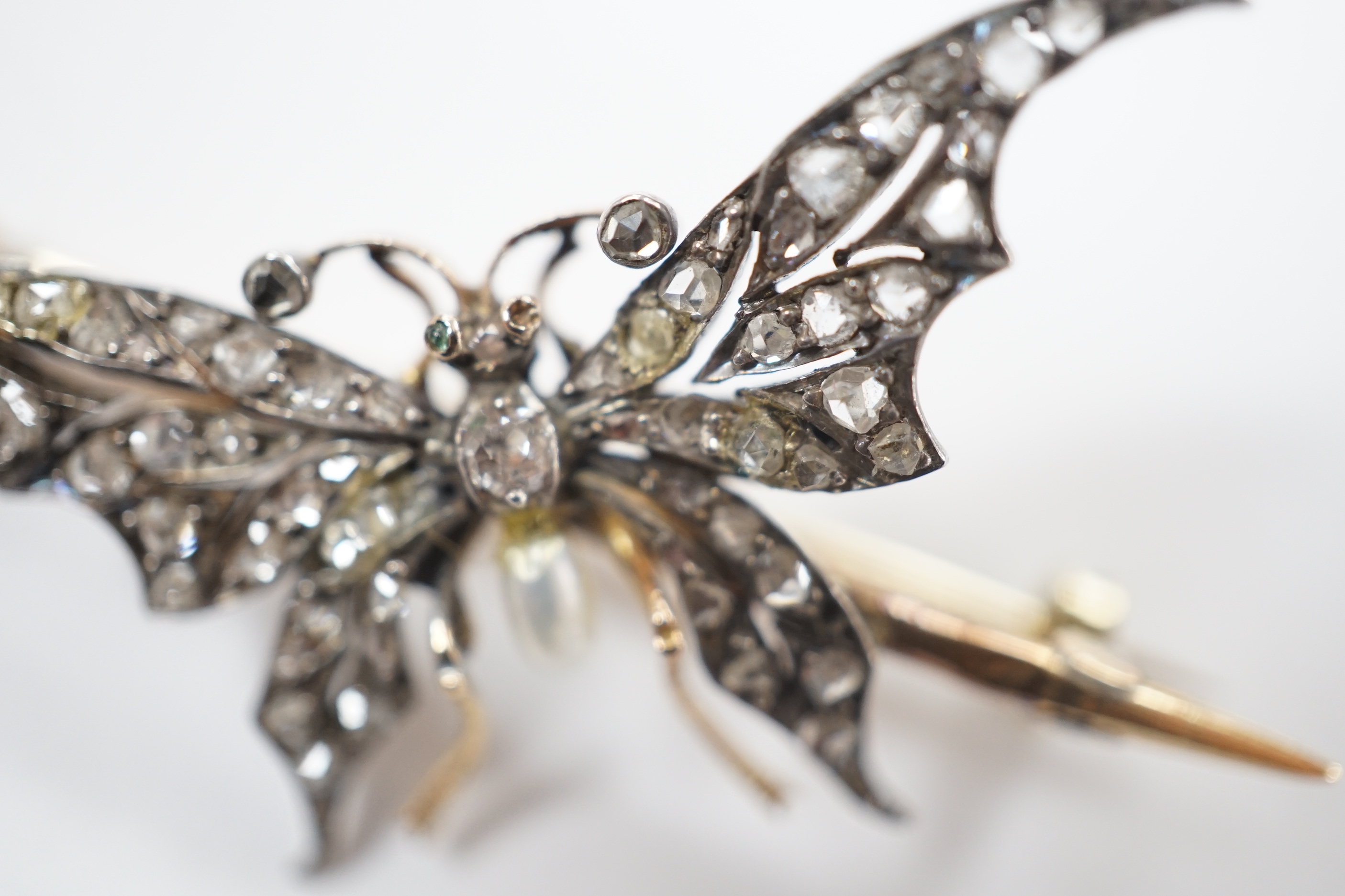 A late Victorian yellow metal baroque pearl drop and rose cut diamond cluster set bug brooch, - Image 5 of 7