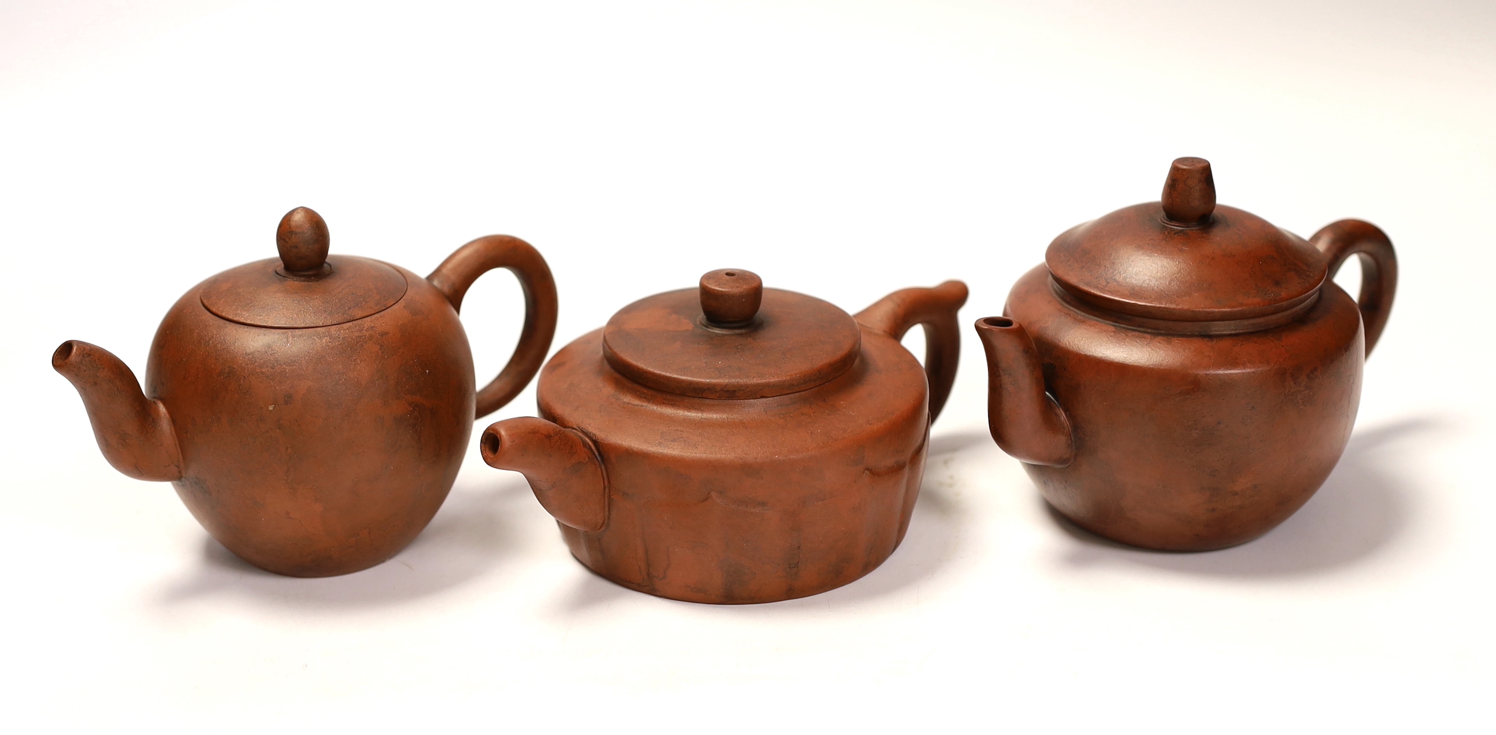 Three Chinese Yixing terracotta teapots, tallest 9cm - Image 2 of 5