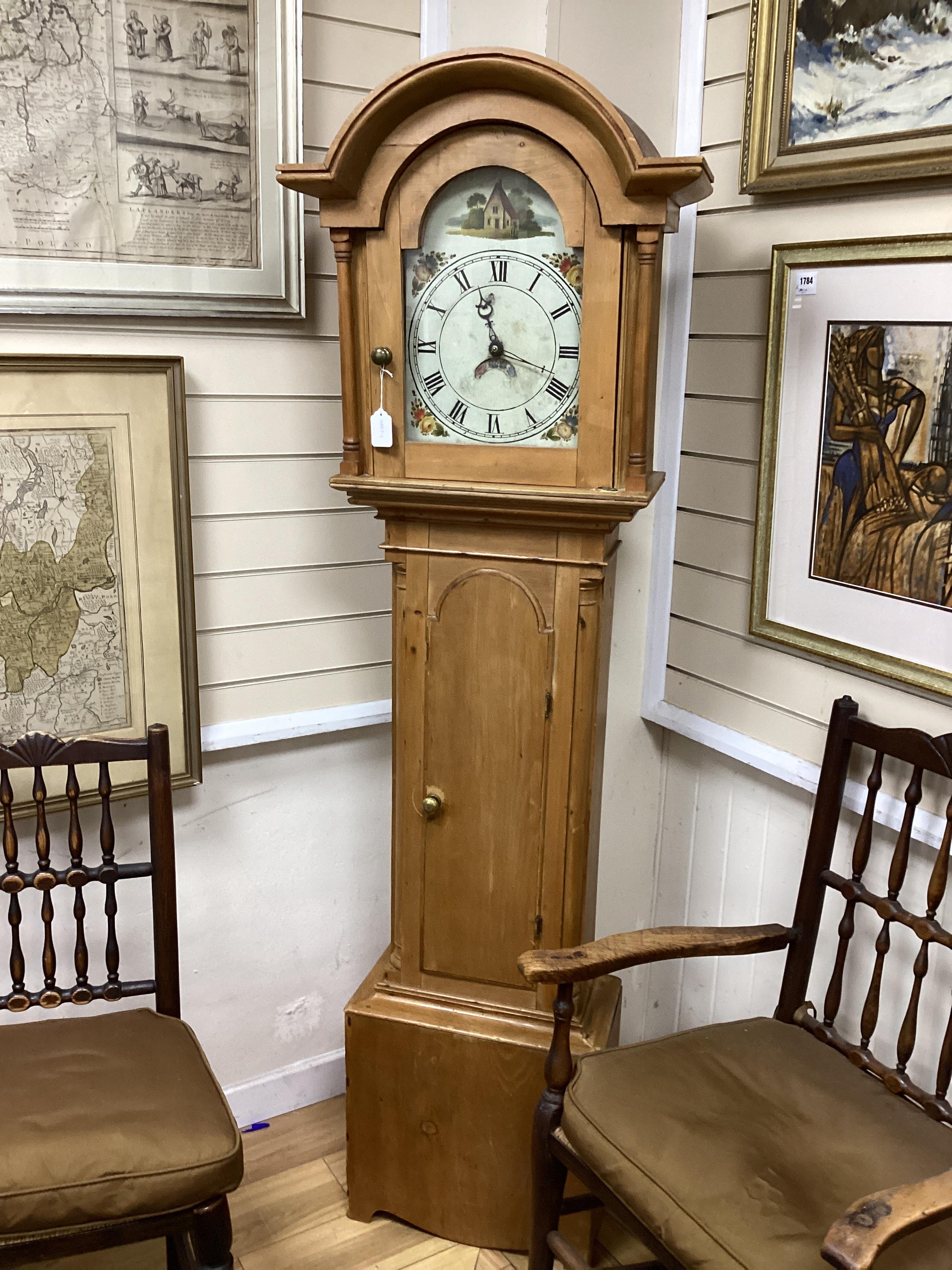 A 19th century pine thirty hour longcase clock with painted arched dial, height 191cm - Image 2 of 2