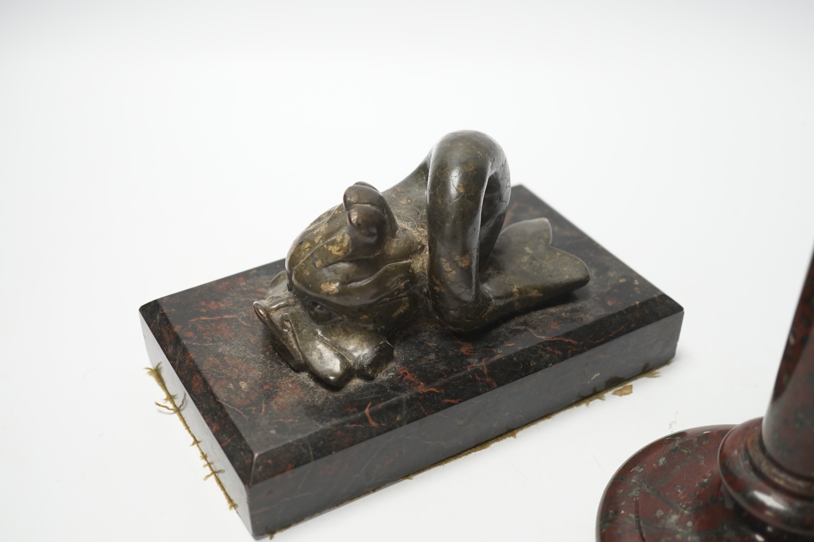 A 19th century serpentine candlestick and a carved dolphin paperweight, tallest 20cm high - Image 3 of 4