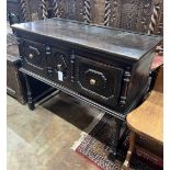 A small 18th century style oak three drawer low dresser, width 98cm, depth 46cm, height 79cm