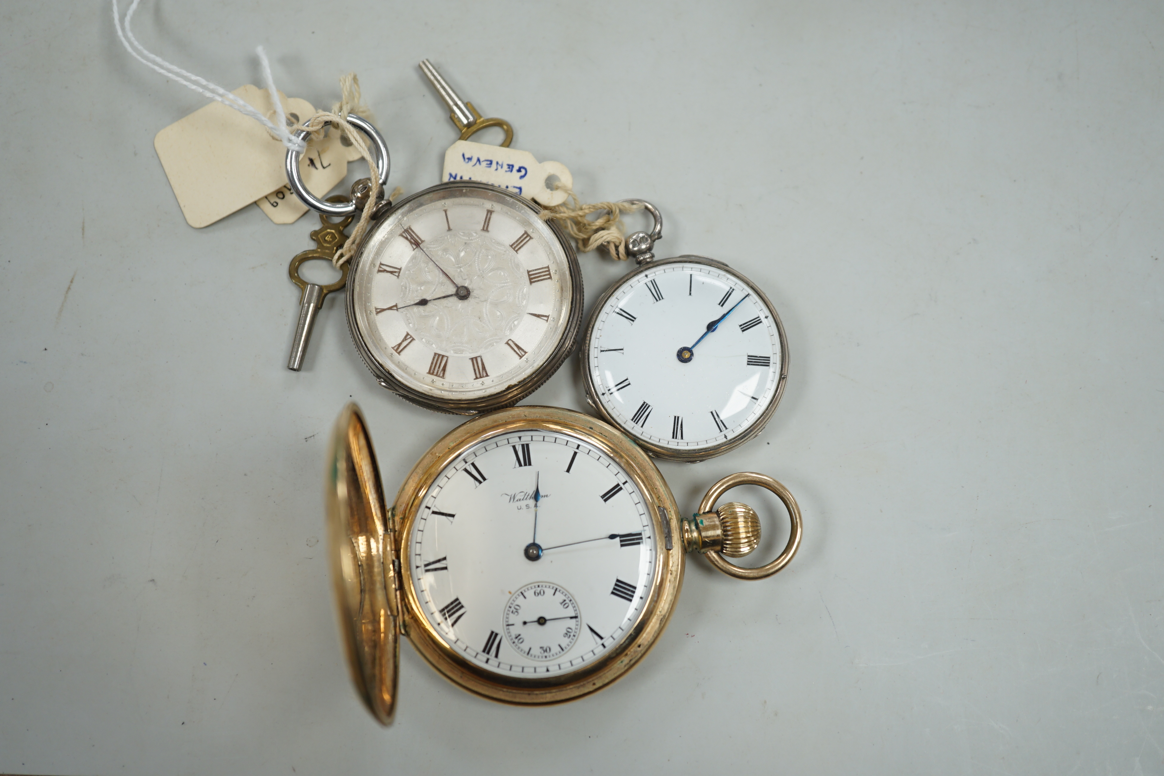 A Waltham gold plated hunter pocket watch and two fob watches, one silver. - Image 2 of 6