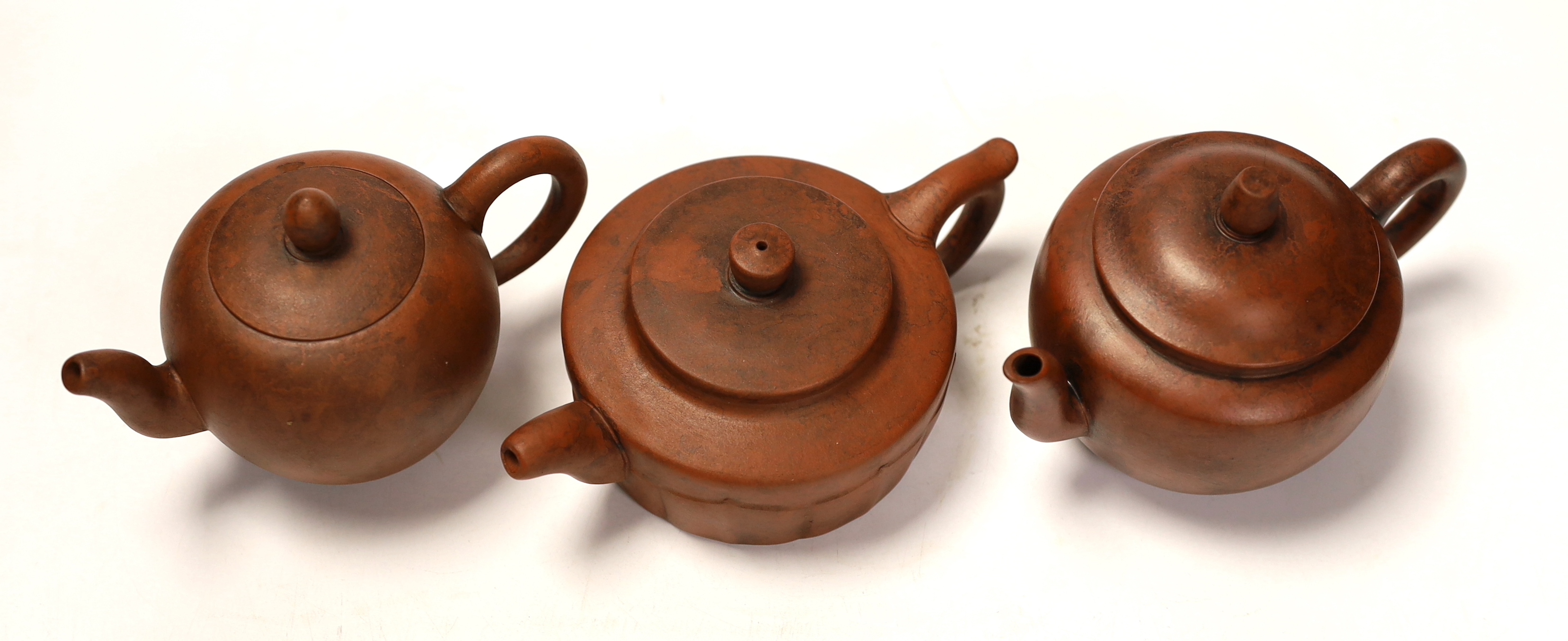 Three Chinese Yixing terracotta teapots, tallest 9cm - Image 3 of 5