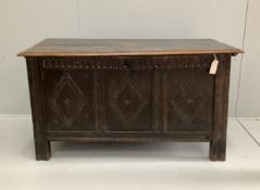 An 18th century panelled oak coffer, width 116cm, depth 51cm, height 62cm