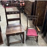 A Victorian carved oak high-back chair, width 49cm, height 118cm, together with an early 20th