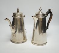 A pair of George V silver cafe au lait pots, Daniel & John Welby, London, 1916/18, handle missing,