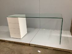 A contemporary curved glass kneehole desk, width 160cm, depth 70cm, height 74cm