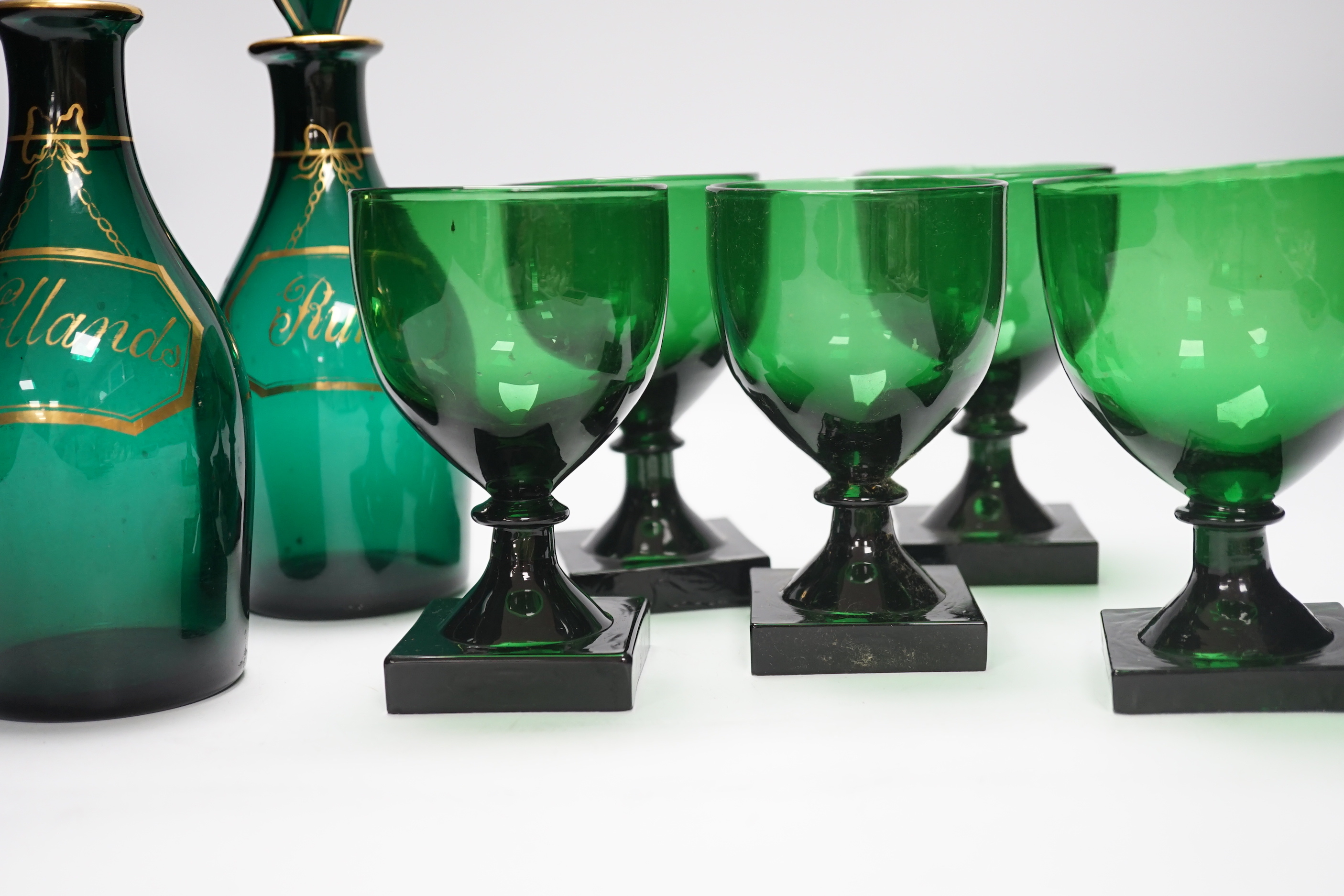 A pair of small Bristol green decanters, Rum and Hollands, c.1800 and five 19th century green - Image 3 of 7