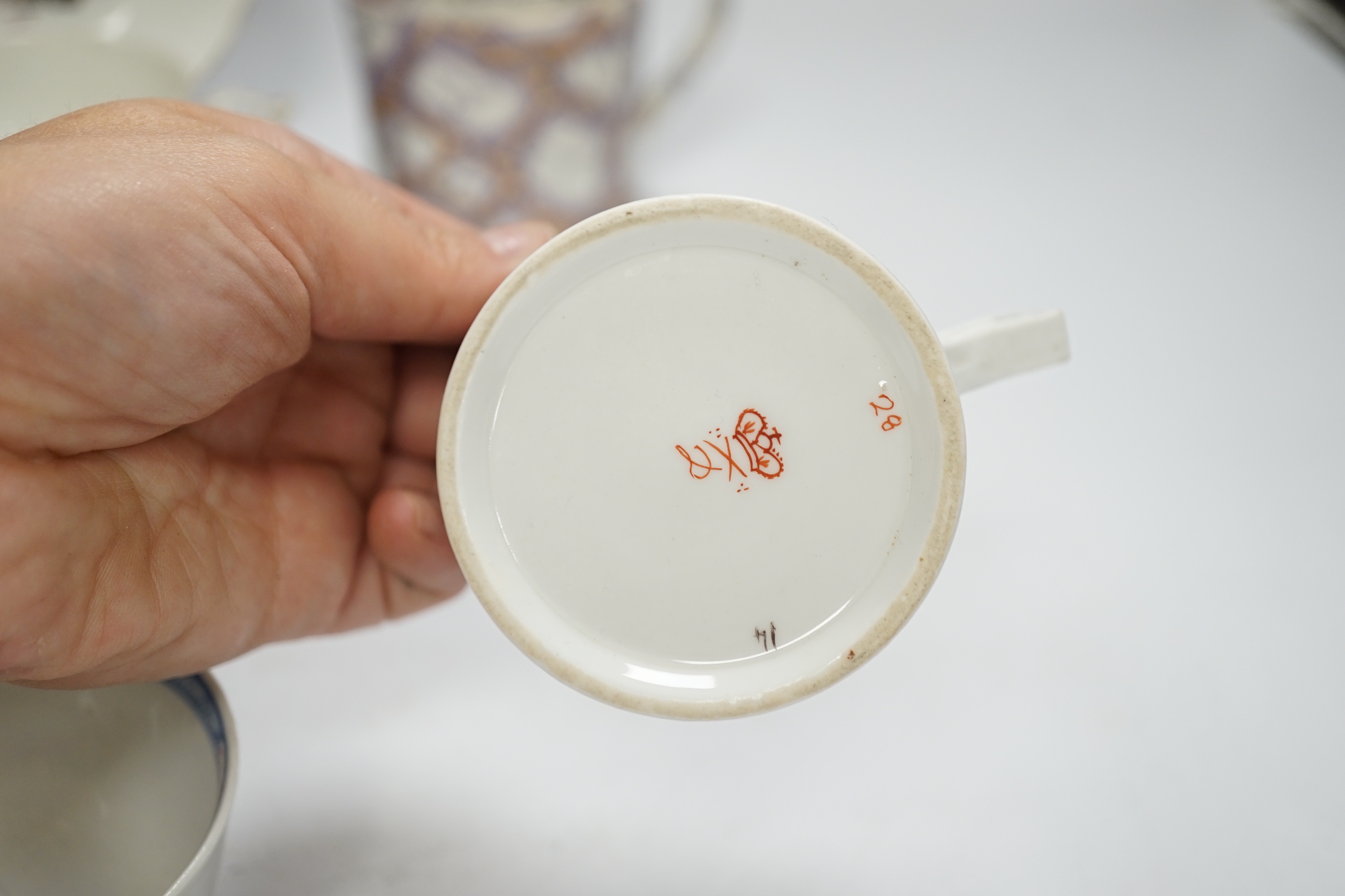 Two Derby porcelain coffee cans and one saucer, a tea bowl, a pearlware mug and a mid 18th century - Image 6 of 9