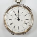 A Swiss white metal cased open faced chronograph pocket watch, by M. Ruff, Porth, with Roman dial.