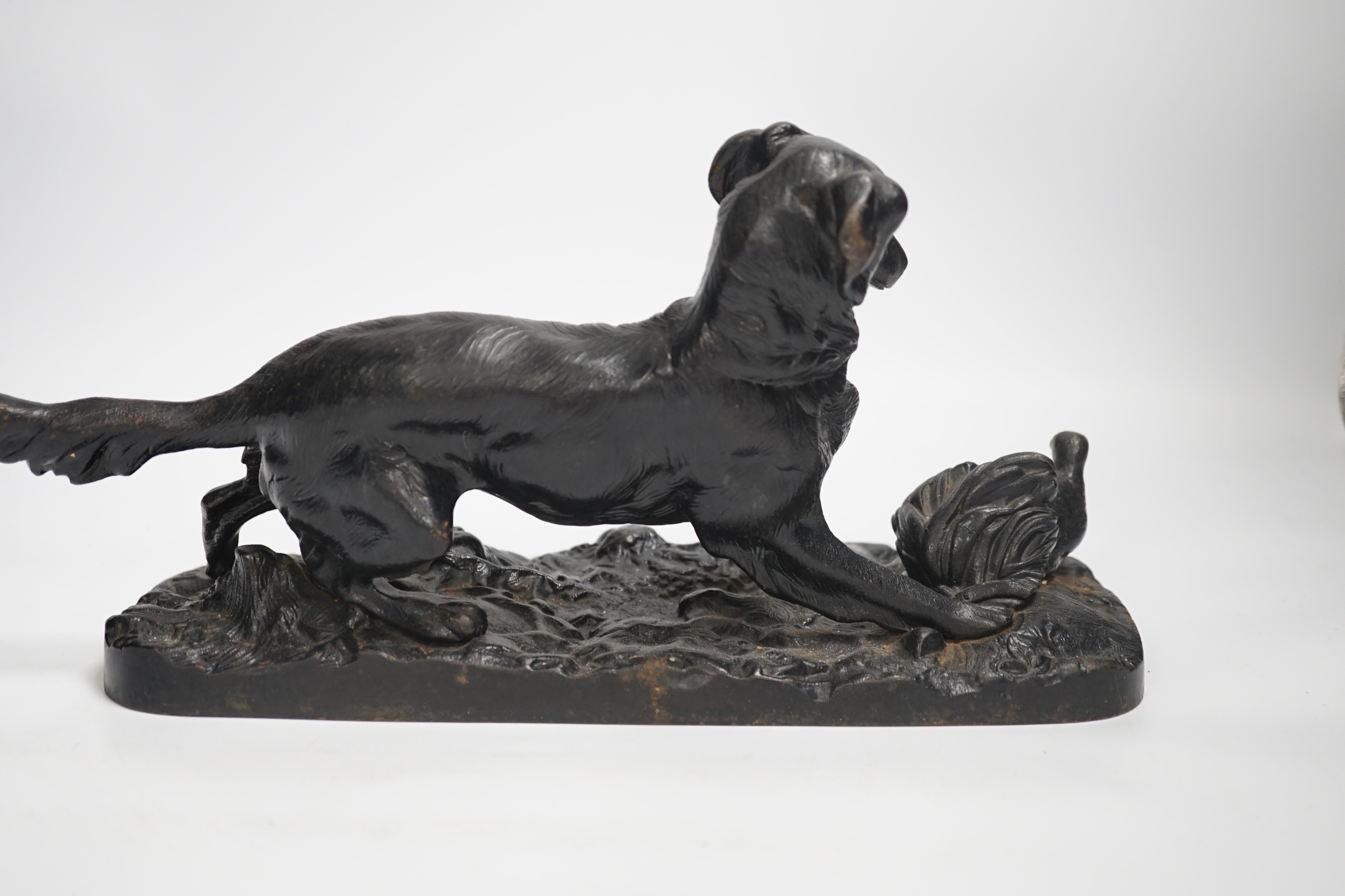 A cold-painted lead figure and a bronze animalier retriever dog, dog group 34cm long (2) - Image 7 of 7