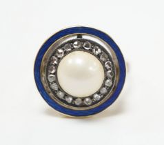 An early to mid 20th century yellow metal, split pearl, rose cut diamond chip and blue enamel set