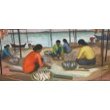 Singaporean School, oil on canvas, Malaysian fisherfolk, initialled KC and dated ‘60, 160cm x 76cm