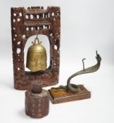 A Chinese table bell, pewter tea canister and an Indian ‘cobra’ hook, bell in frame 34.5cm high