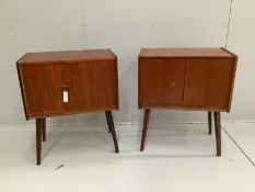 A pair of mid century Danish style teak record cabinets, width 61cm, depth 36cm, height 74cm
