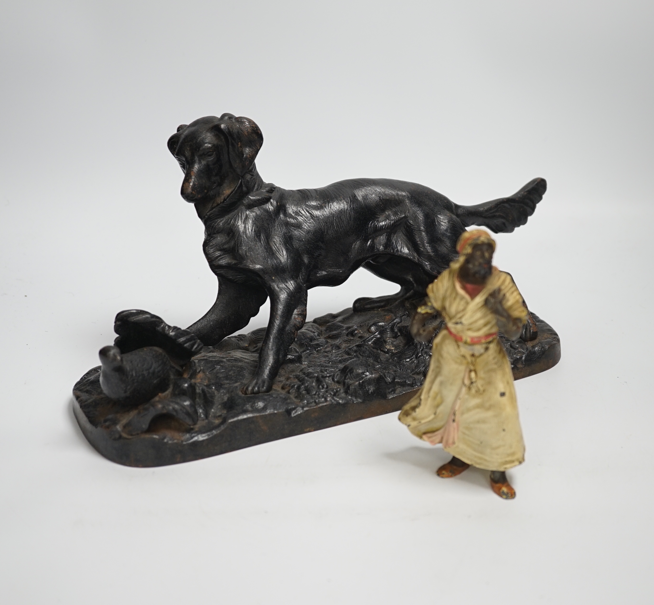 A cold-painted lead figure and a bronze animalier retriever dog, dog group 34cm long (2)