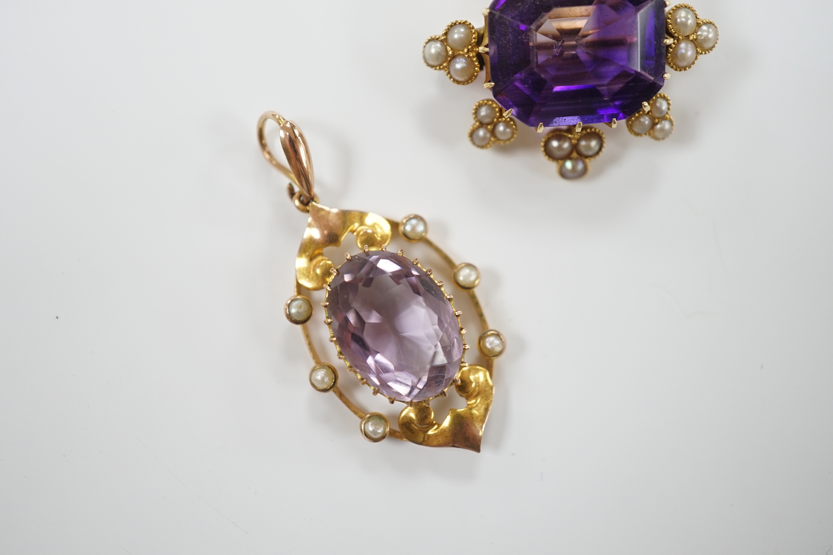 An early 20th century yellow metal, amethyst and seed pearl set brooch, 26mm and a similar - Image 4 of 6