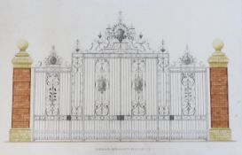 Late 19th century watercolour, architectural student’s design for a pair of wrought iron gates, 86 x