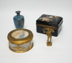 A Palais Royale circular gilt metal cut glass box with an inset portrait miniature of Napoleon on