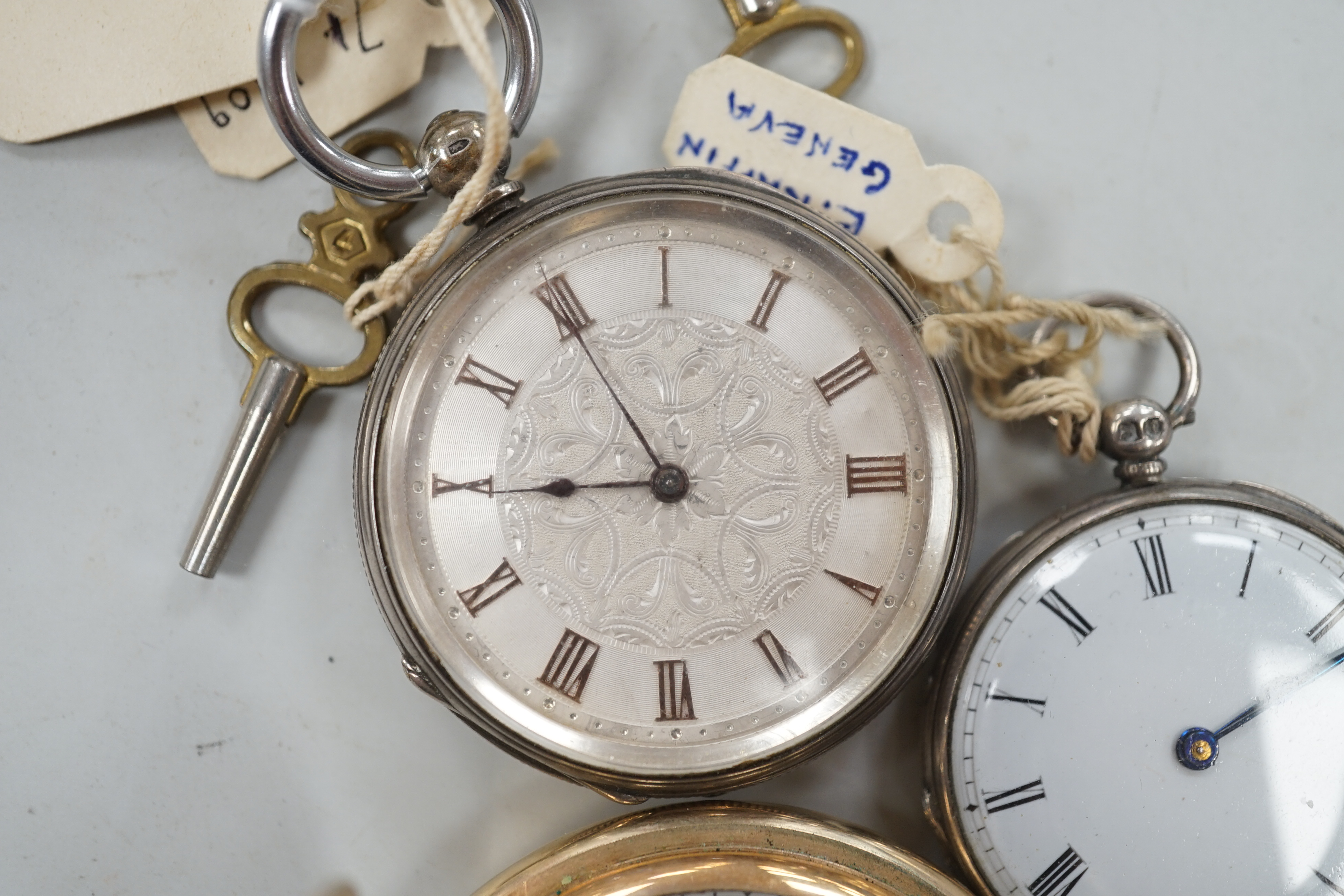 A Waltham gold plated hunter pocket watch and two fob watches, one silver. - Image 3 of 6