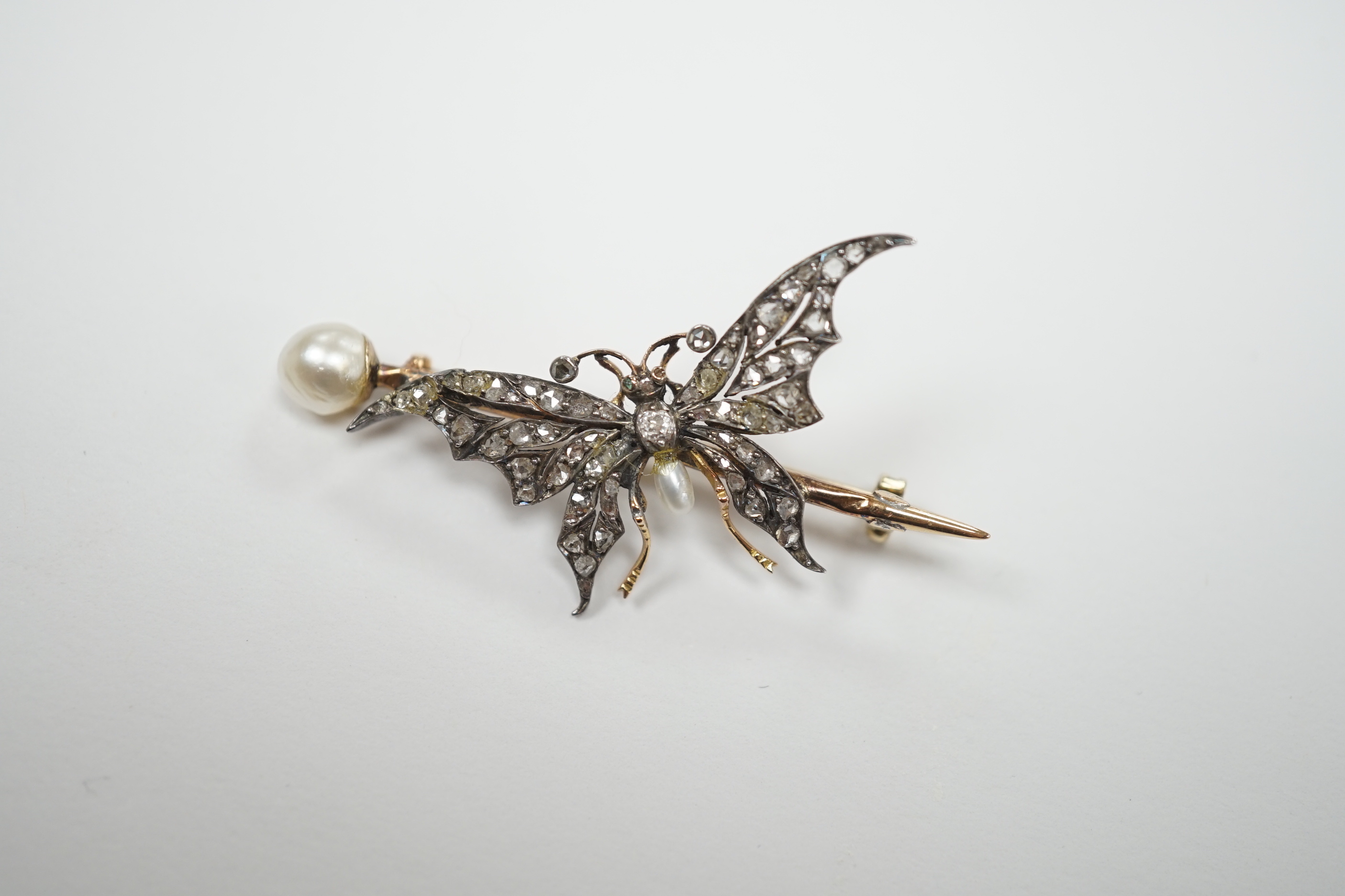 A late Victorian yellow metal baroque pearl drop and rose cut diamond cluster set bug brooch, - Image 3 of 7