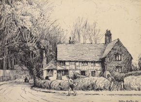 William Tatton Winter (1855-1928) pen and ink, Figures before a cottage, signed and dated 1911, 23 x