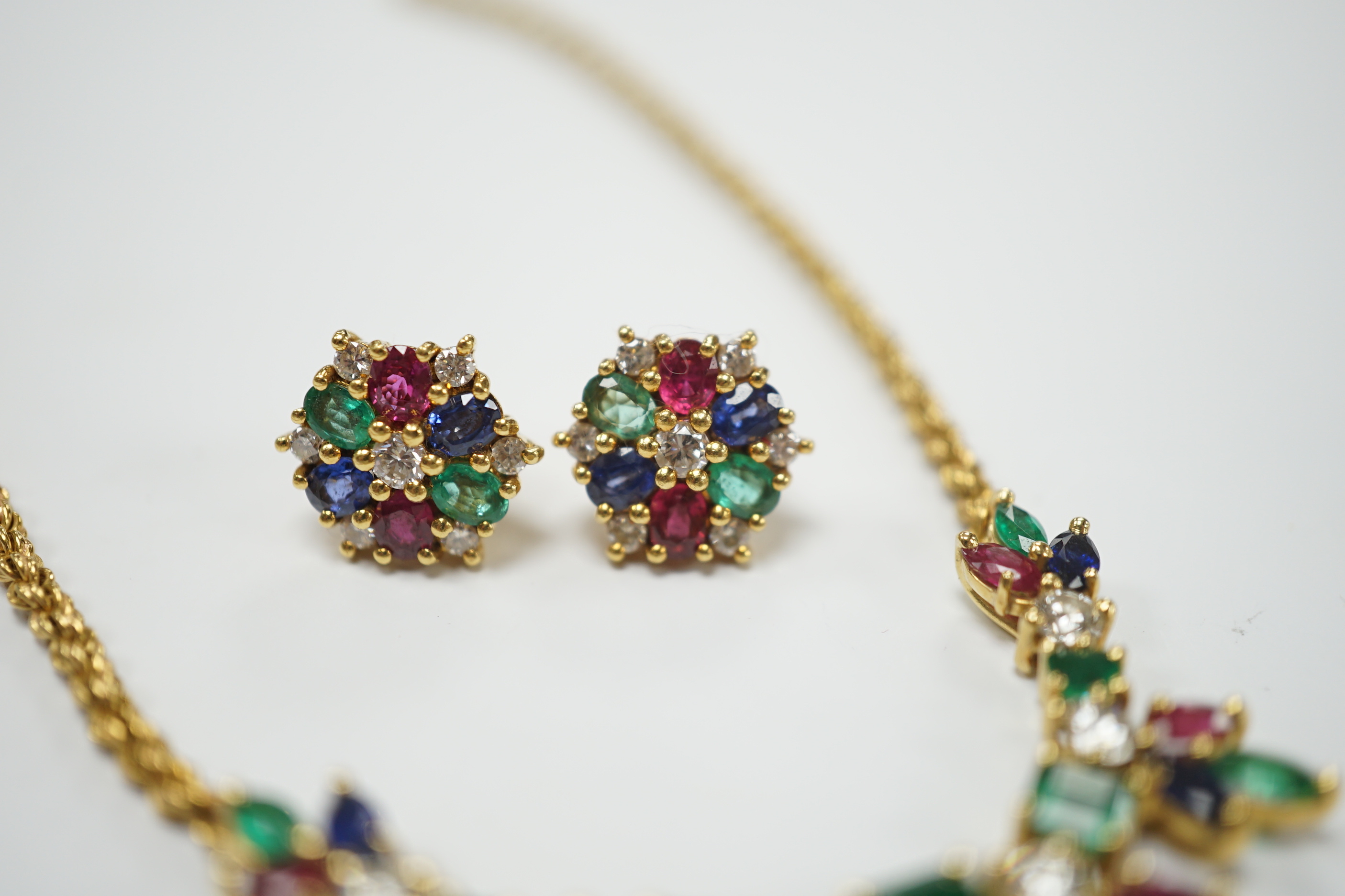 A 1960's? yellow metal, ruby, sapphire, emerald and diamond cluster set 'tutti fruiti' necklace, - Image 3 of 4