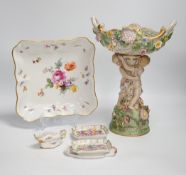 A German porcelain figural centrepiece, a Meissen floral dish, and various Dresden dishes, tallest