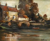 Matt Bruce (1915-2000) oil on board, The White Hart, Stopham Bridge, signed, The Arun Arts Centre
