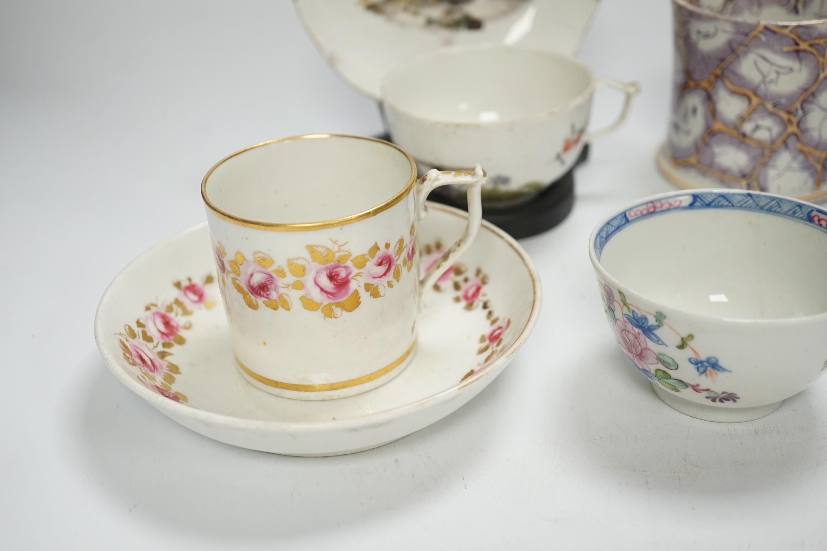 Two Derby porcelain coffee cans and one saucer, a tea bowl, a pearlware mug and a mid 18th century - Image 2 of 9